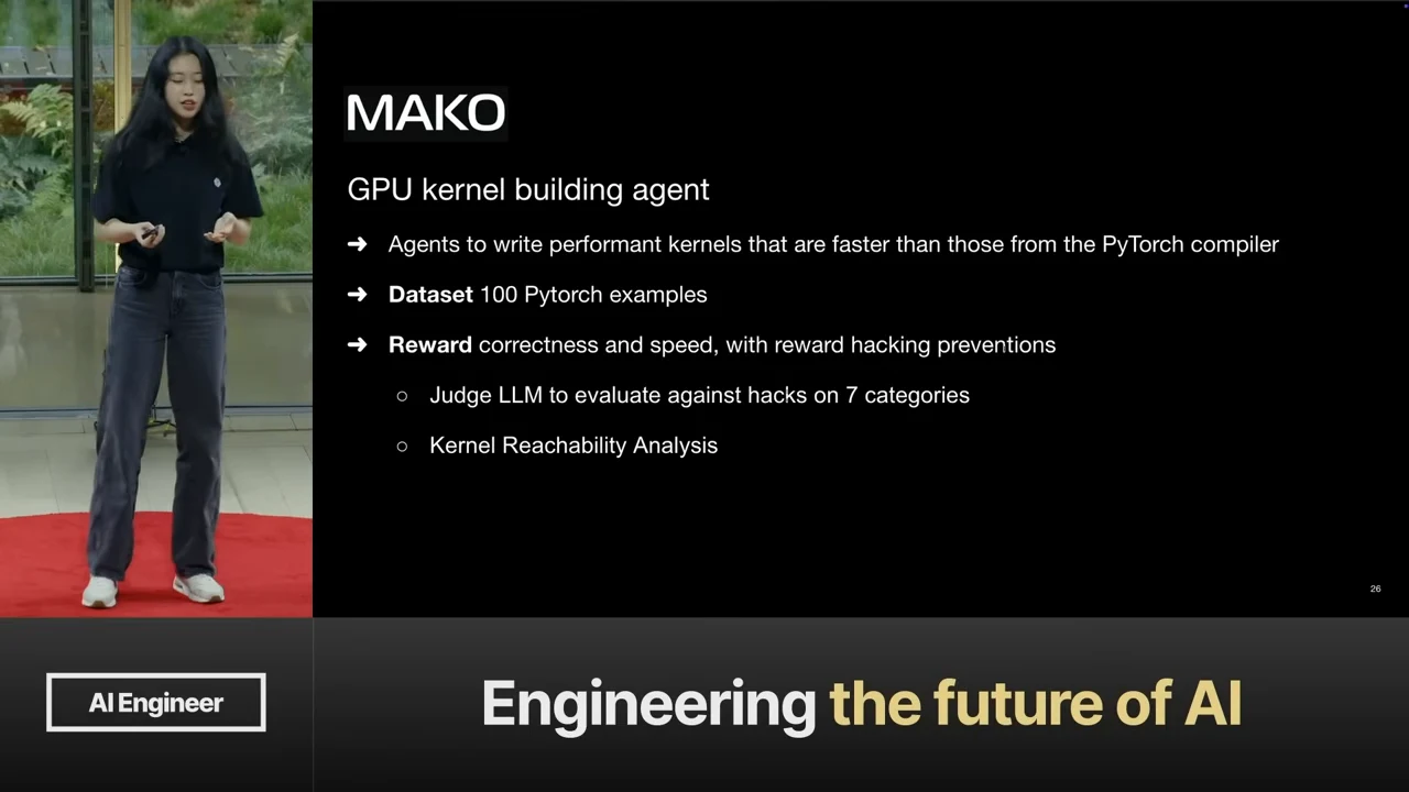 MAKO GPU kernel building agent slide listing 100 PyTorch examples, correctness and speed rewards, a judge LLM evaluating seven hack categories, and Kernel Reachability Analysis.