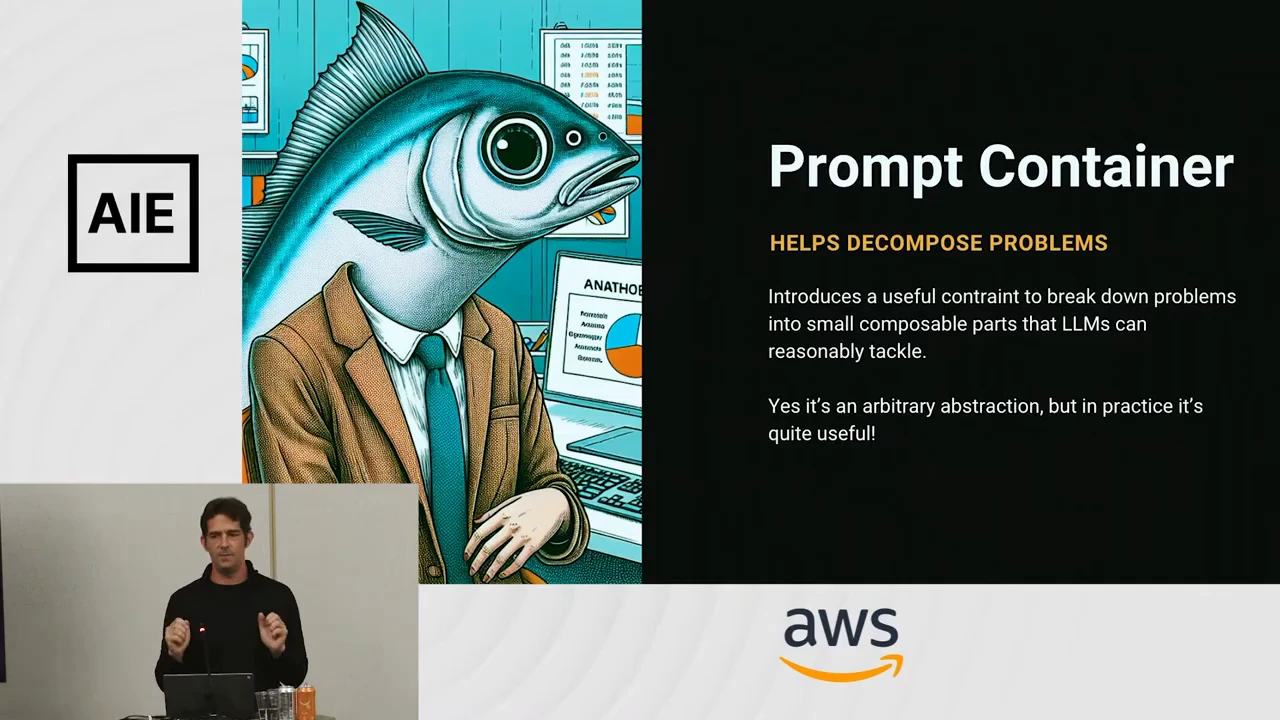 A fish in a suit beside the heading “Prompt Container,” the subheading “Helps decompose problems,” and explanatory text.