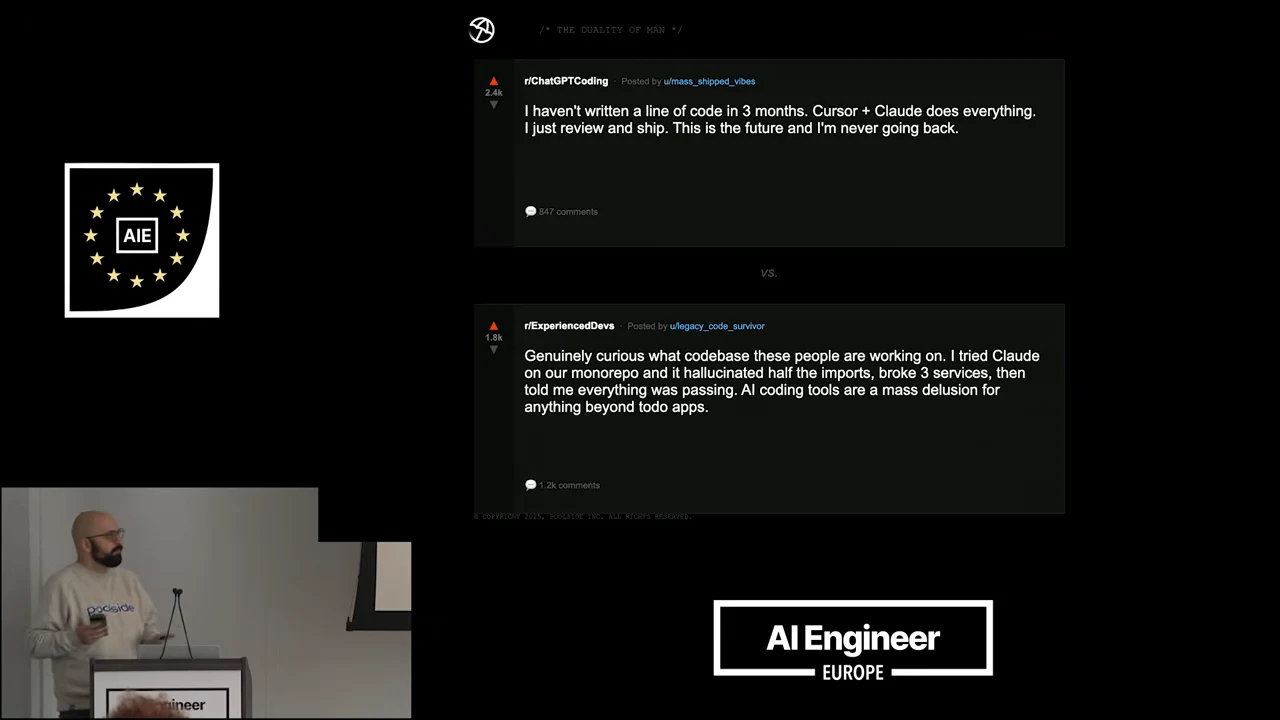 Two stacked Reddit posts contrast letting Cursor and Claude do the coding with reports of hallucinated imports and broken services.