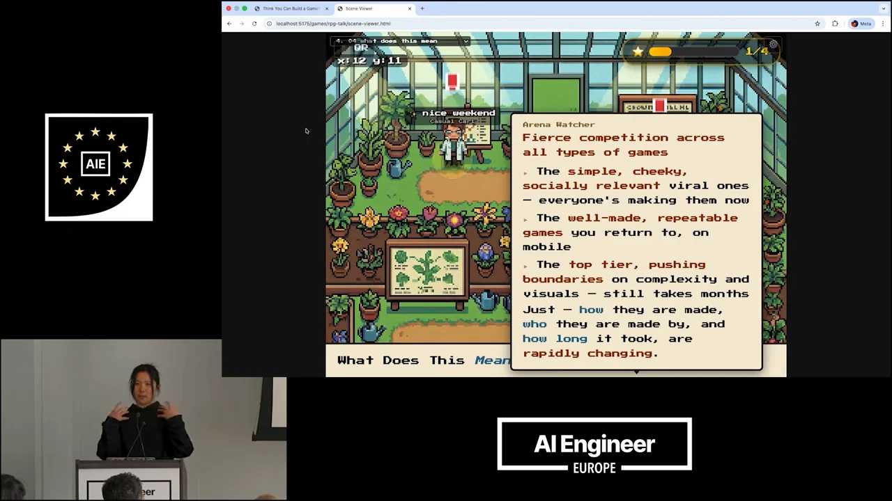 Pixel-art greenhouse with an open dialogue discussing simple viral games, repeatable mobile games, and complex games that still take months.