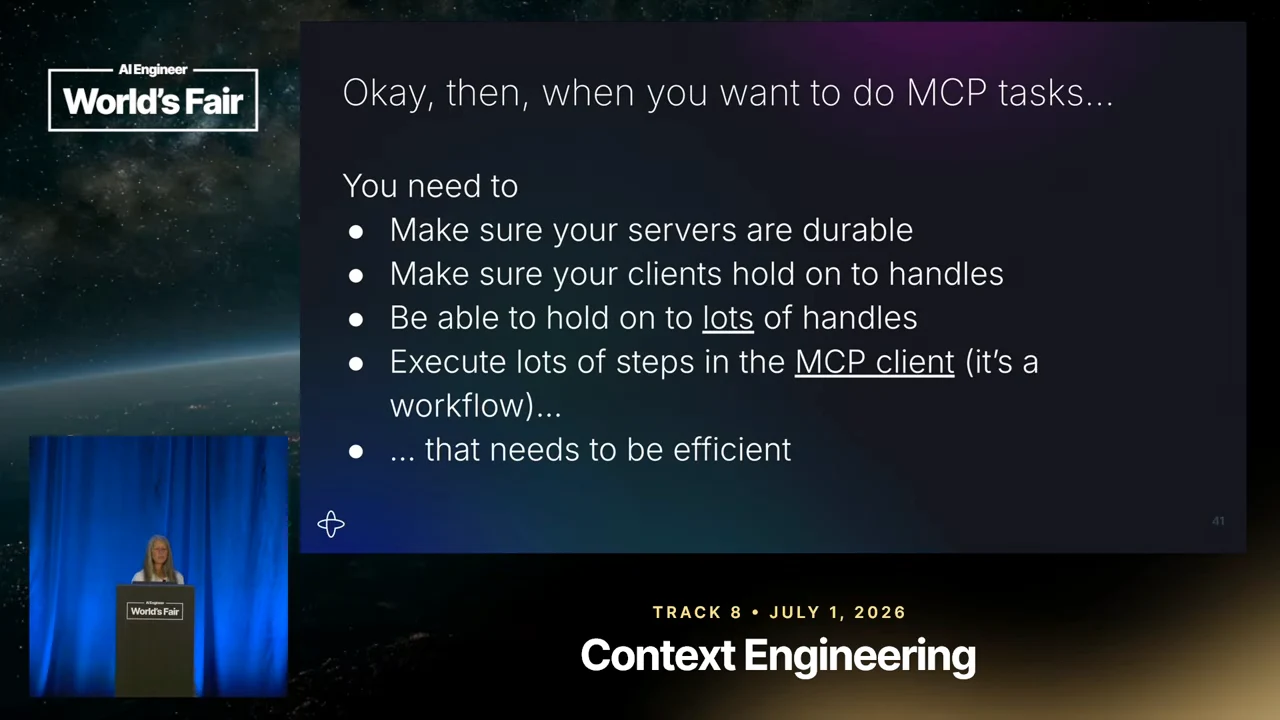 Summary slide listing durable servers, clients holding many handles, multiple workflow steps in the MCP client, and efficient execution.