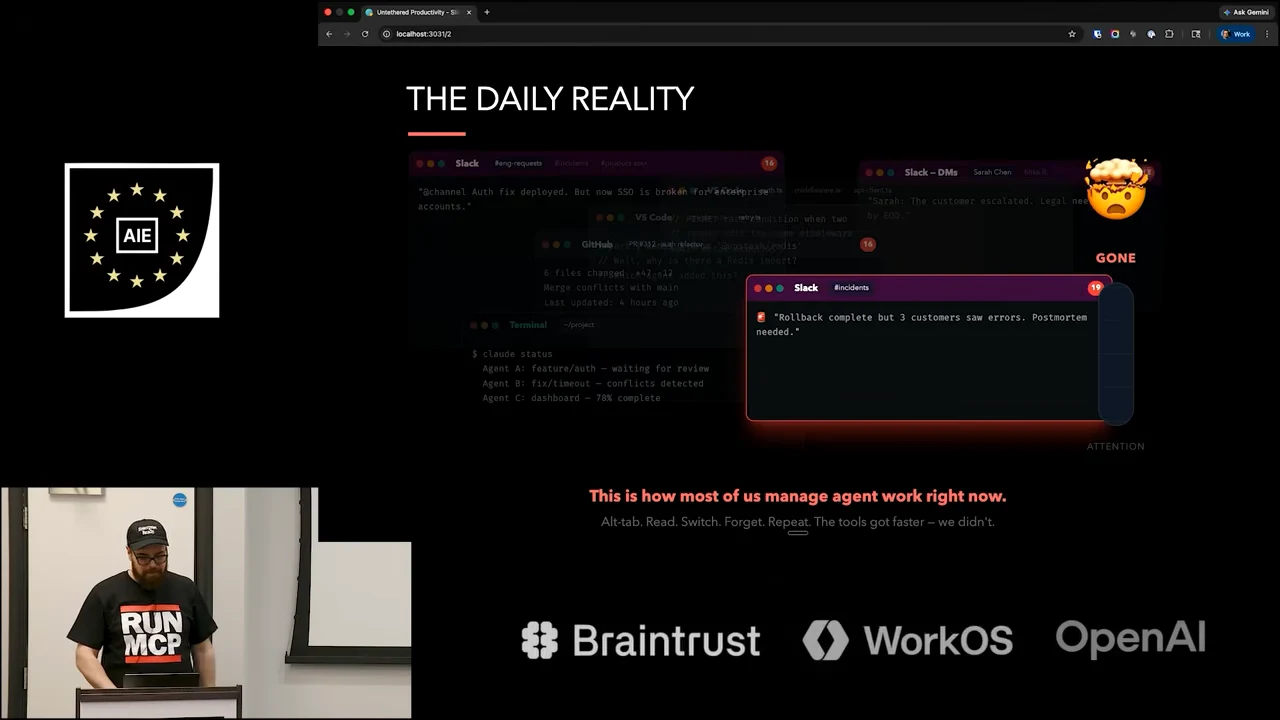 Slide titled “THE DAILY REALITY” shows overlapping Slack and code windows, an exploding-head emoji labeled “GONE,” and an empty attention gauge.