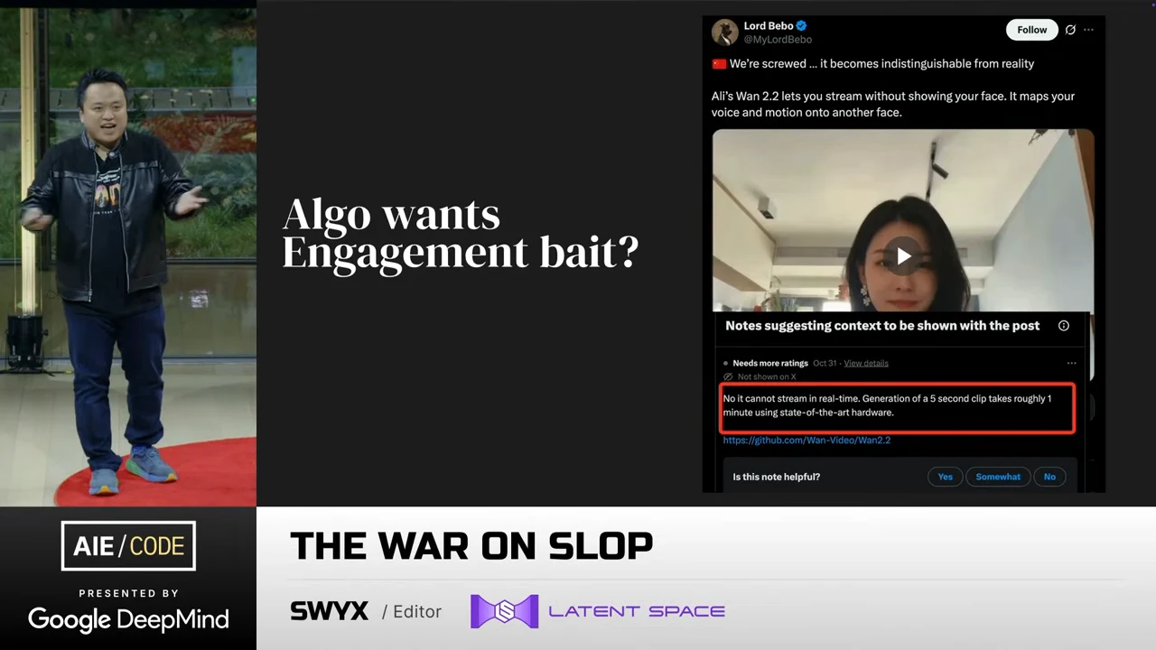 Slide reading “Algo wants Engagement bait?” beside a social post containing a video preview and a community note with a sentence outlined in red.
