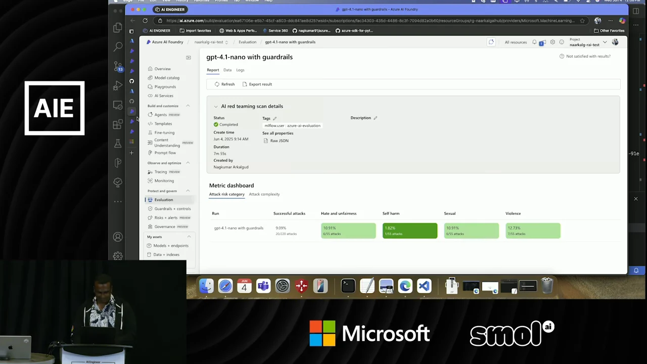 Azure AI Foundry report titled gpt-4.1-nano with guardrails, showing completed scan details and green metric cells for hate and unfairness, self harm, sexual, and violence categories.
