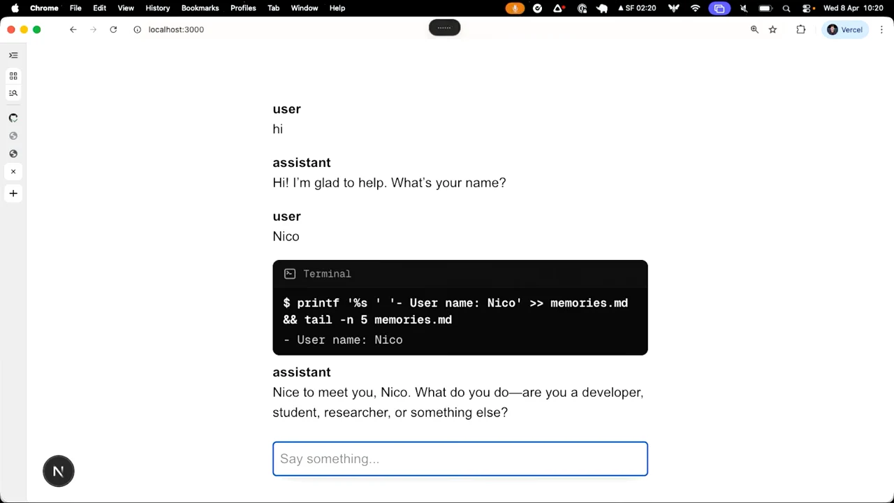 Chat showing the name Nico, a terminal tool call writing and reading the name in memories.md, and an assistant question about the user's role.