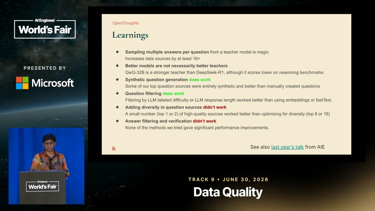 “Learnings” slide listing multiple answers per question, stronger models not necessarily being better teachers, successful synthetic question generation and question filtering, and unsuccessful source diversity and answer filtering.