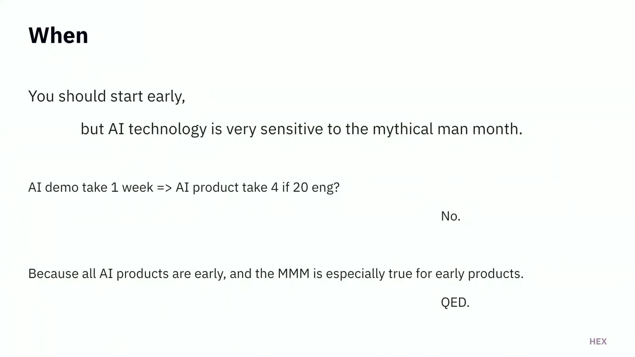 “When” slide warning about the mythical man month, rejecting a demo-to-product headcount shortcut, and concluding that early products are especially affected.