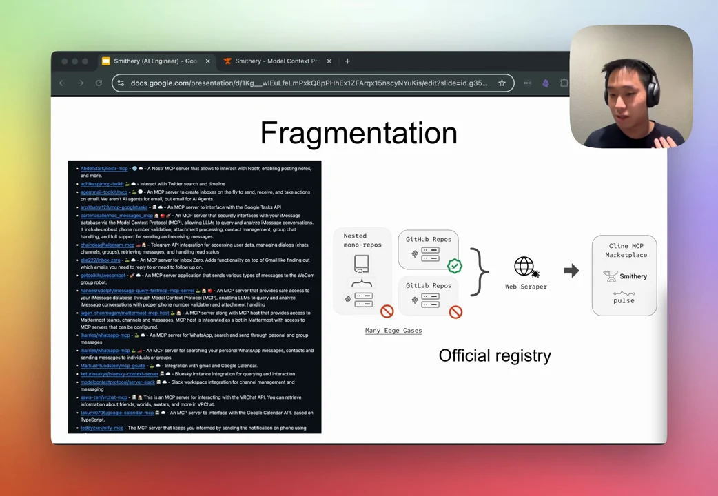 Fragmentation slide showing a server list beside a diagram of repositories, a web scraper, and an MCP marketplace, with an Official registry label below.