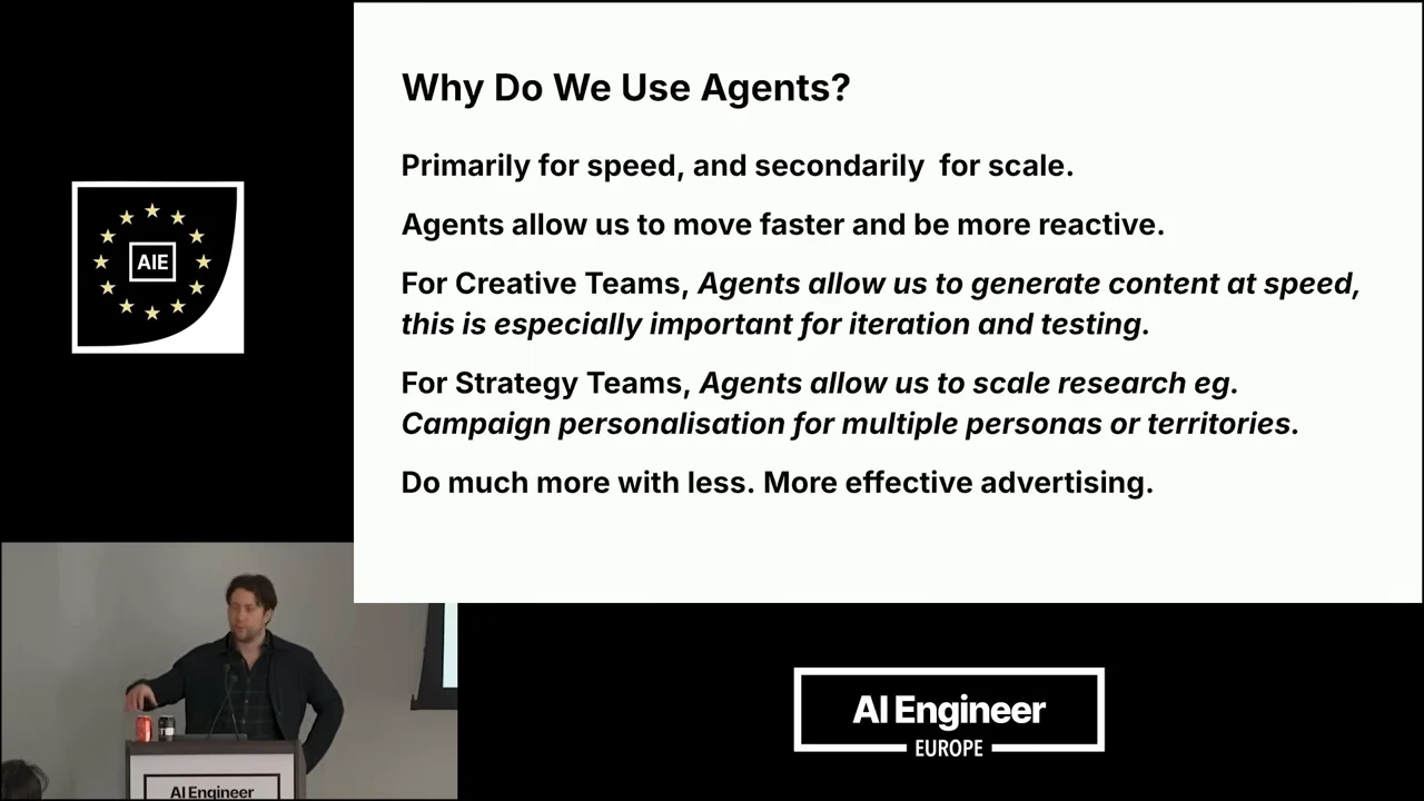 Slide titled “Why Do We Use Agents?” lists speed first, scale second, creative content generation, research, and campaign personalisation for multiple personas or territories.