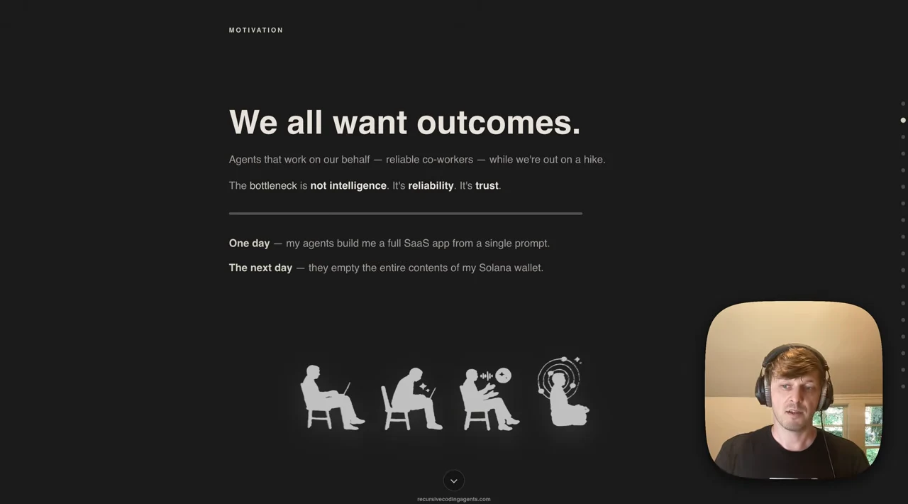 Slide contrasting agents building a SaaS app with emptying a Solana wallet, above four seated-person illustrations; presenter inset at lower right.