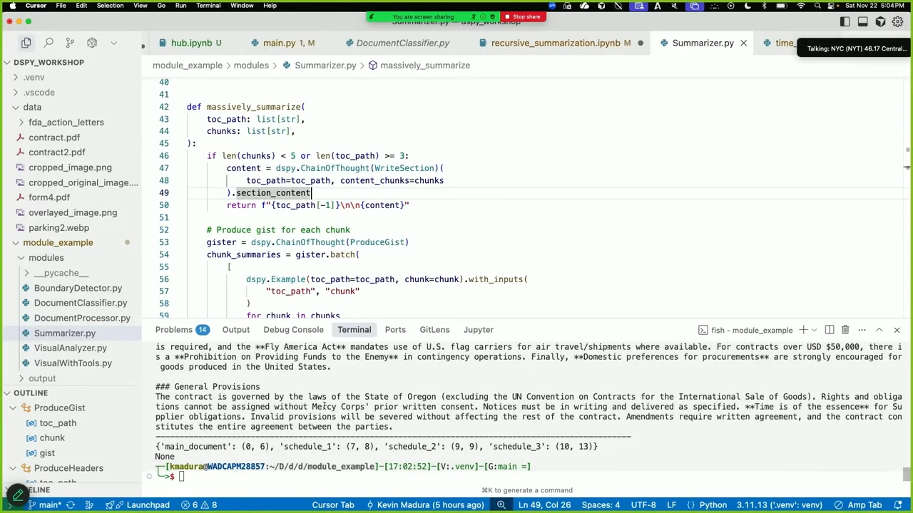 Editor showing the massively_summarize function, with a terminal containing contract summary text and page ranges for the main document and schedules.