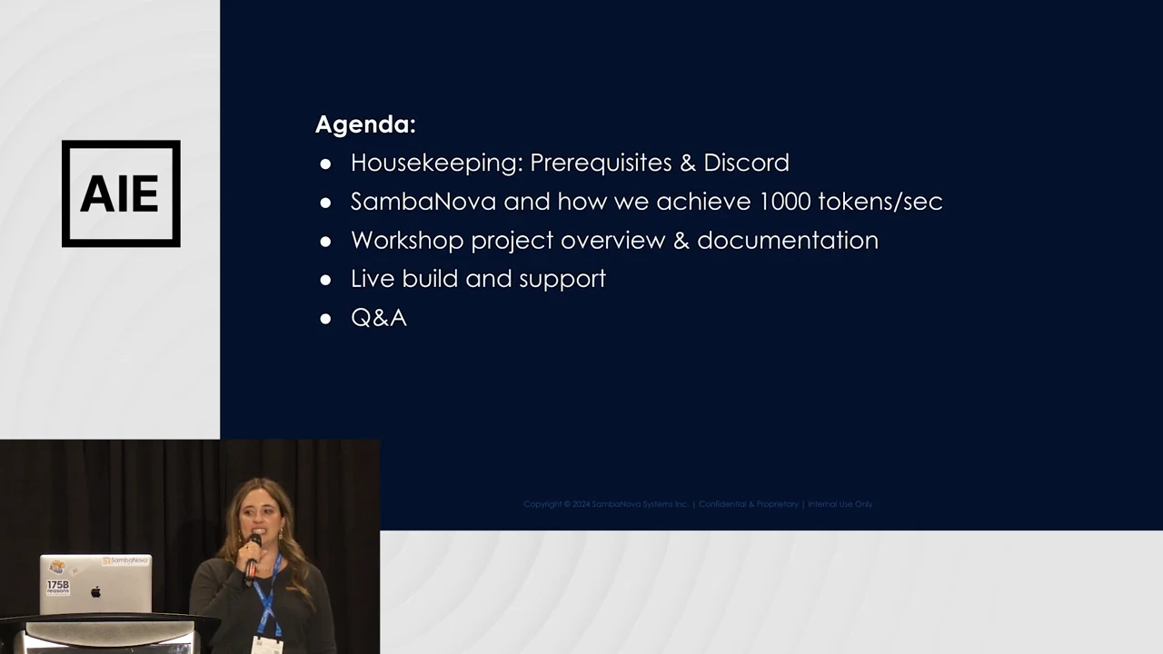 Agenda slide listing prerequisites and Discord, SambaNova and 1000 tokens/sec, workshop documentation, live build and support, and Q&A.