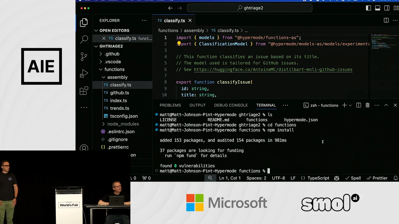 VS Code shows classify.ts, the project file tree, and terminal output reporting completed npm installation and zero vulnerabilities.