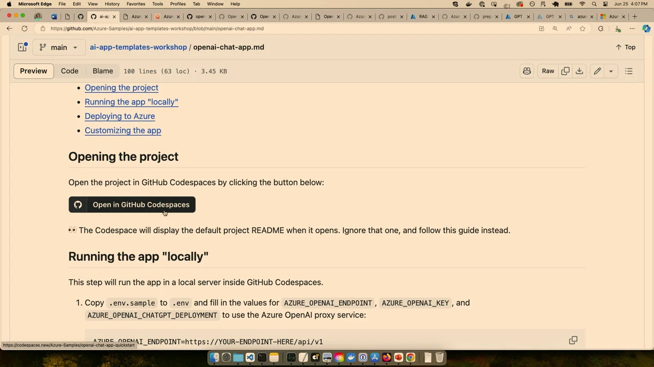 GitHub workshop instructions showing Opening the project, an Open in GitHub Codespaces button, and local setup instructions.