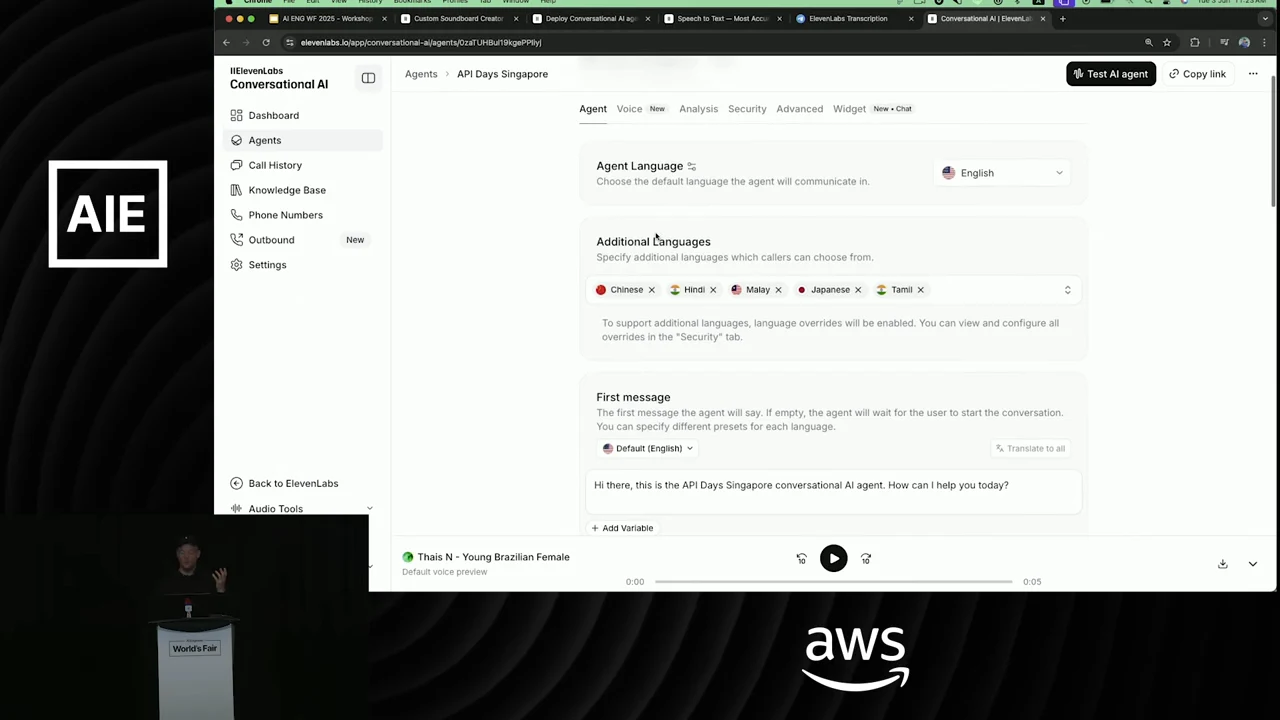 Agent settings showing English as the default language, Chinese, Hindi, Malay, Japanese and Tamil as additional languages, and a populated first-message field.