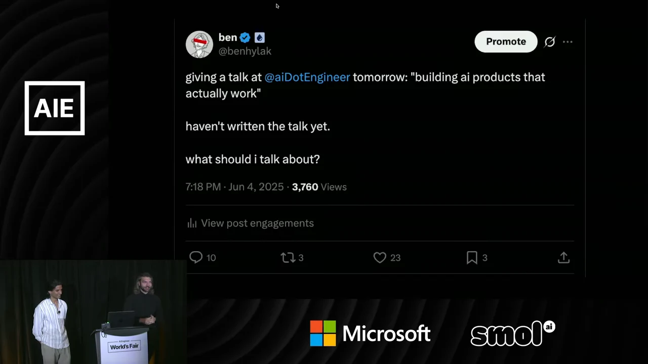 A post by @benhylak announces the talk, says he has not written it yet, and asks, “what should i talk about?”