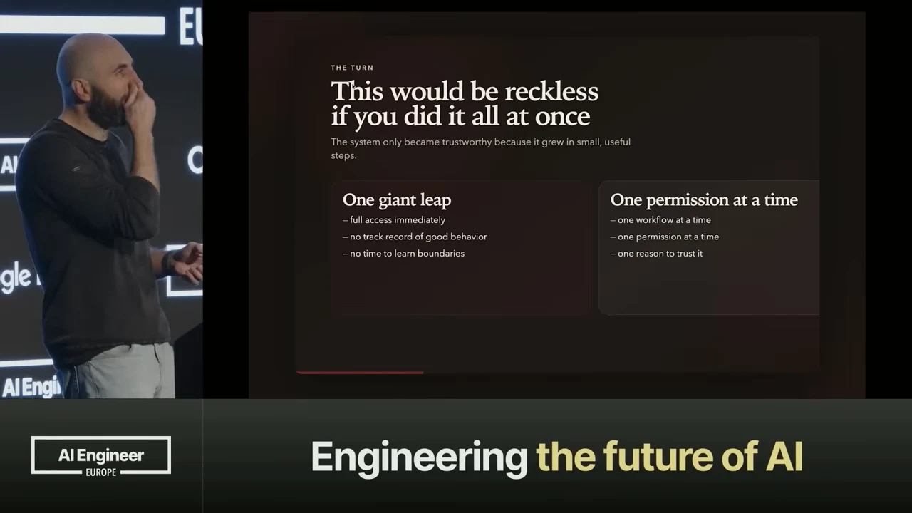 Slide titled “This would be reckless if you did it all at once,” with columns contrasting immediate full access and incremental workflows, permissions, and trust.
