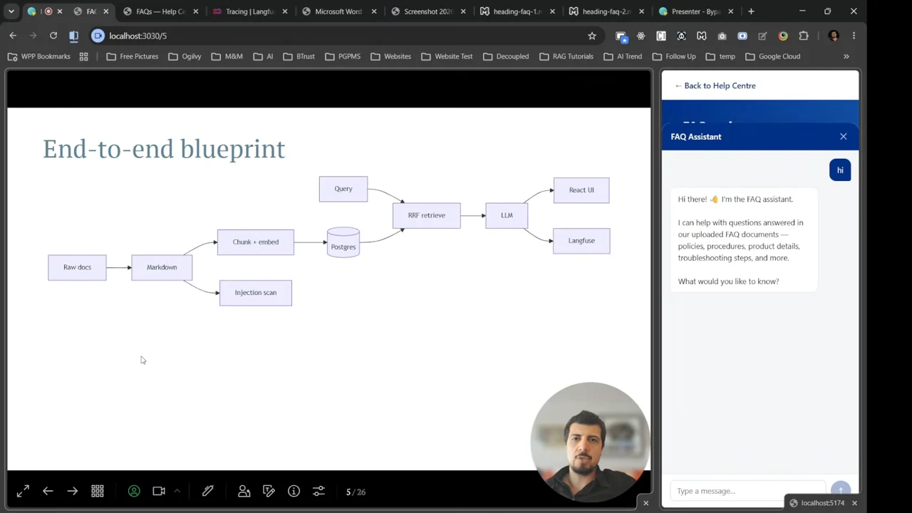 Flowchart linking raw documents, Markdown, chunking and embedding, Postgres, RRF retrieval, an LLM, React UI, and Langfuse, with an injection-scan branch.
