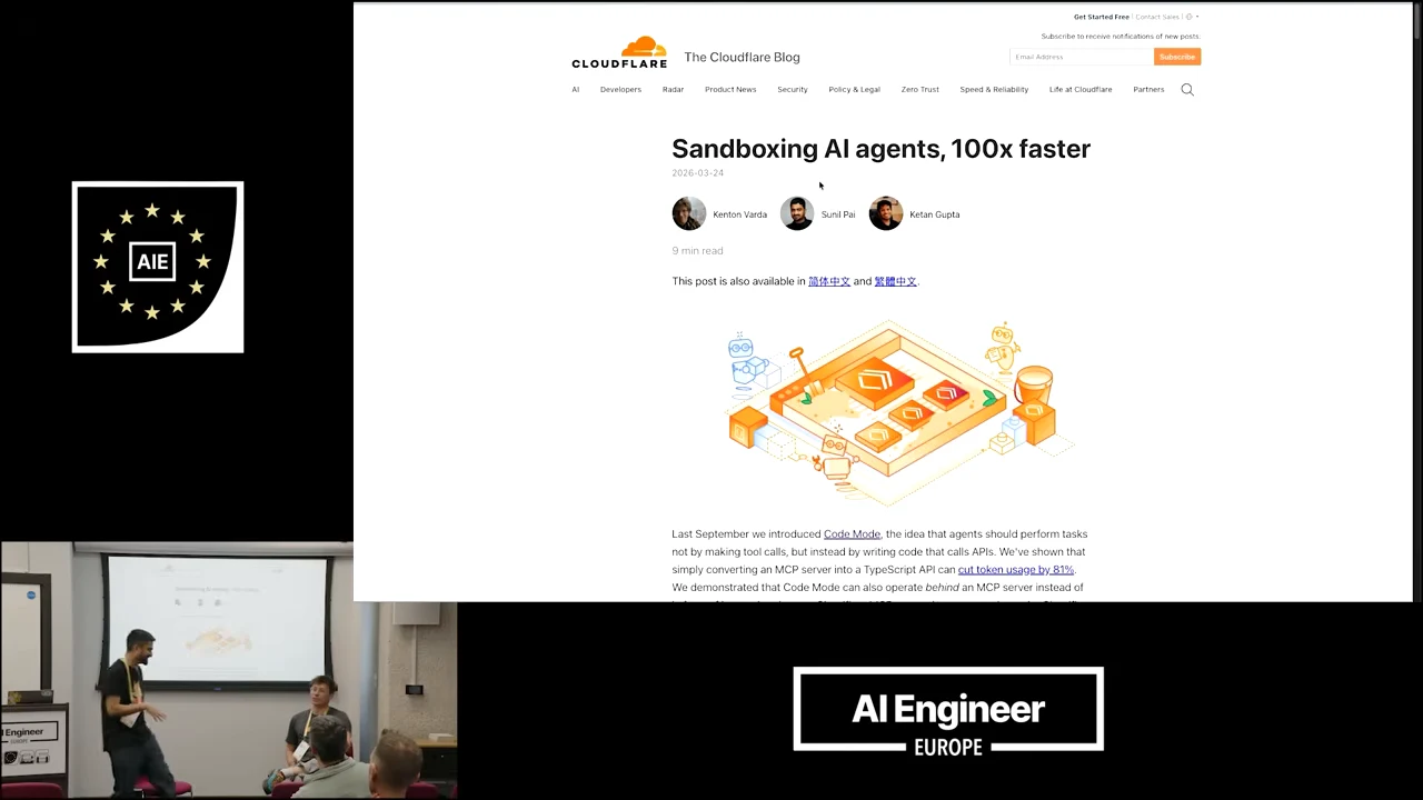Cloudflare blog page showing the headline “Sandboxing AI agents, 100x faster,” author portraits and an orange sandbox illustration.