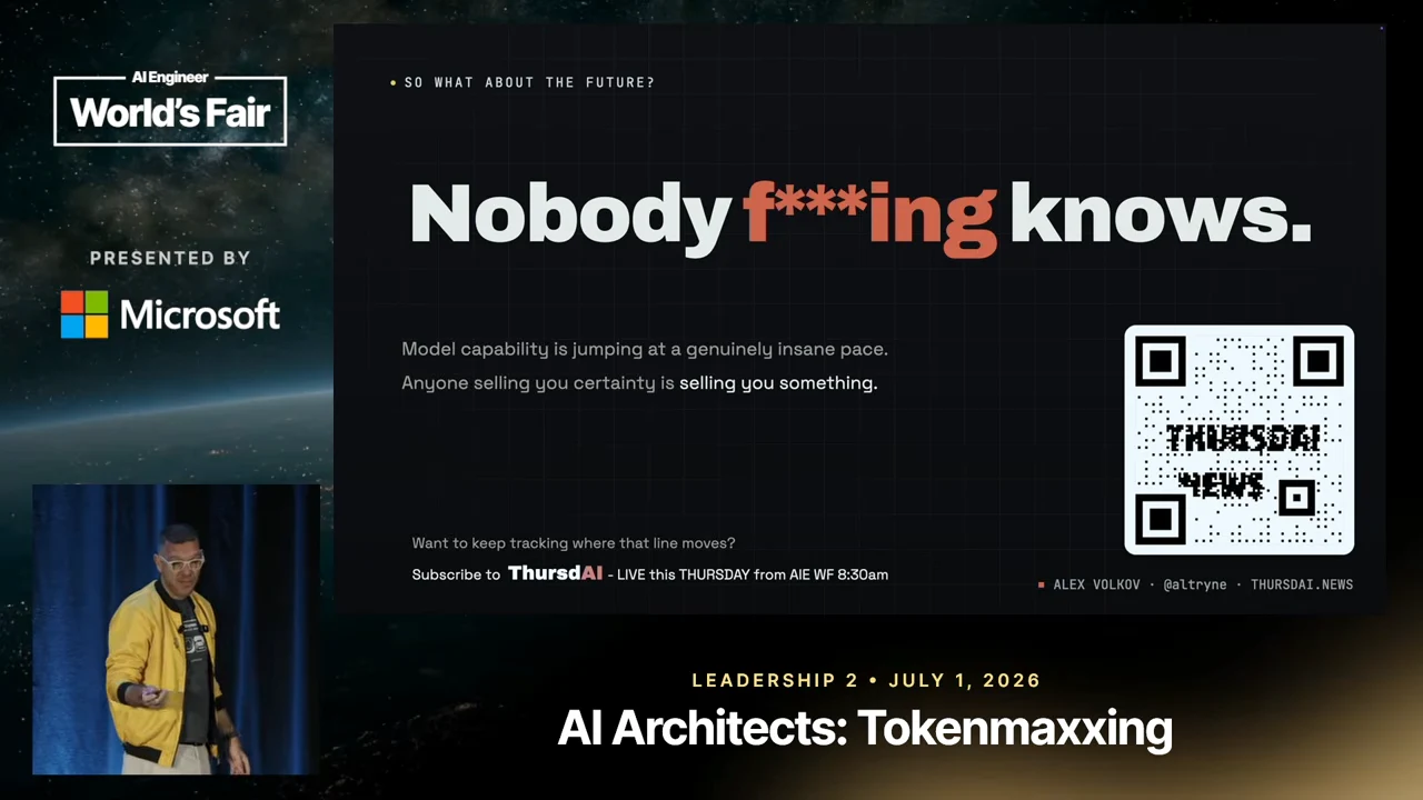 Slide headed “Nobody f***ing knows.” with text about rapidly advancing model capability, a warning about selling certainty, and a ThursdAI subscription QR code.