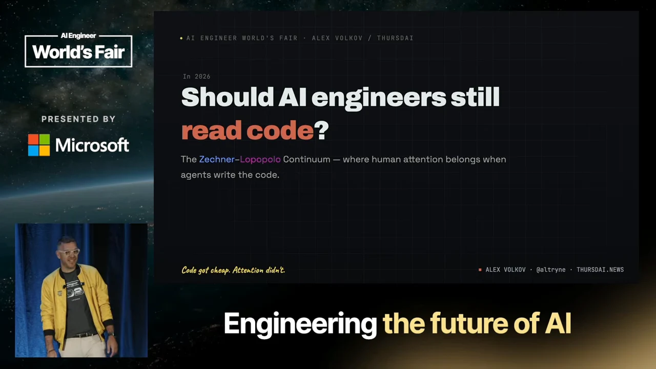 Slide asking whether AI engineers should still read code, introducing the Zechner–Lopopolo Continuum and stating, “Code got cheap. Attention didn’t.”