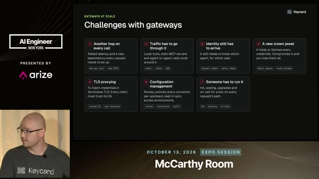 Gateway tradeoffs include latency, traffic coverage, caller identity, concentrated credentials, TLS proxying, configuration management and operations.