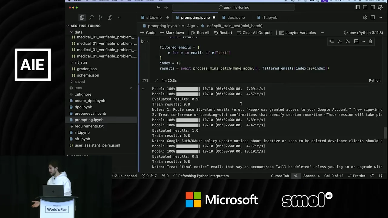 Notebook output lists completed progress bars, evaluated results of 0.9 and 1.0, repeated train results of 0.8, and email-related notes.