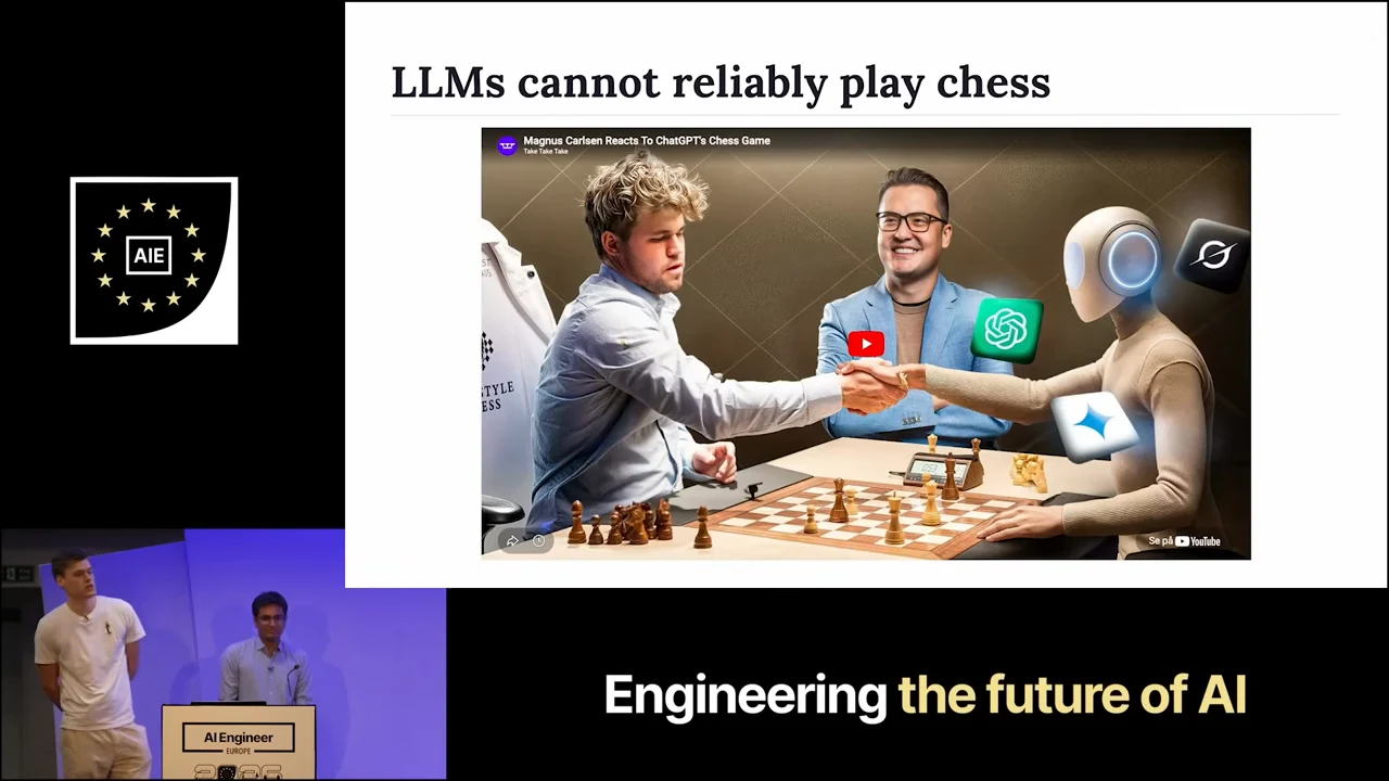Slide headed “LLMs cannot reliably play chess” above a video thumbnail depicting people and a robot around a chessboard.