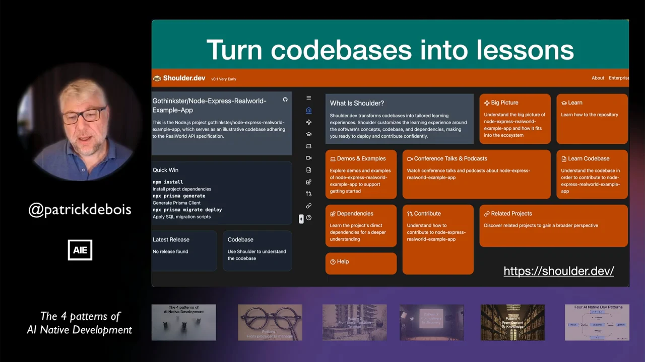 Slide titled “Turn codebases into lessons” showing a Shoulder.dev dashboard with orange cards for learning, codebase exploration, dependencies, and contributing.