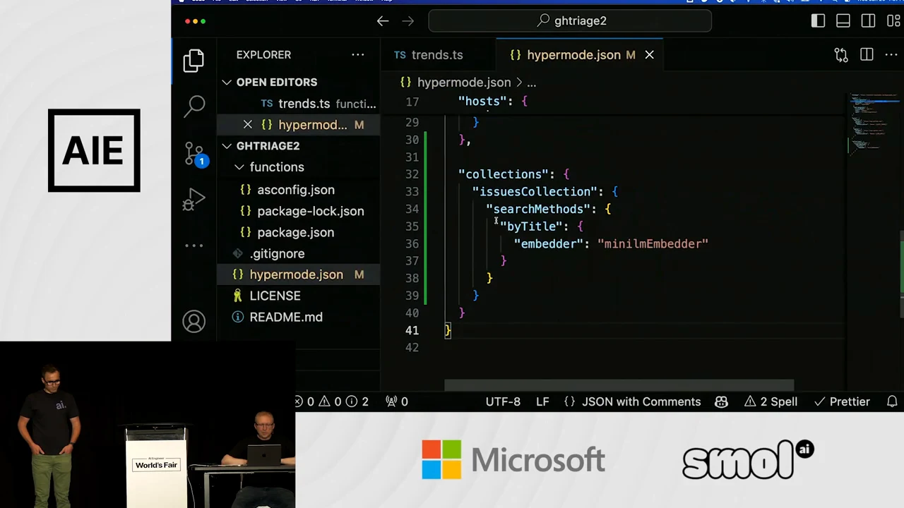 VS Code displays hypermode.json with issuesCollection, a byTitle search method, and miniLmEmbedder as its embedder.