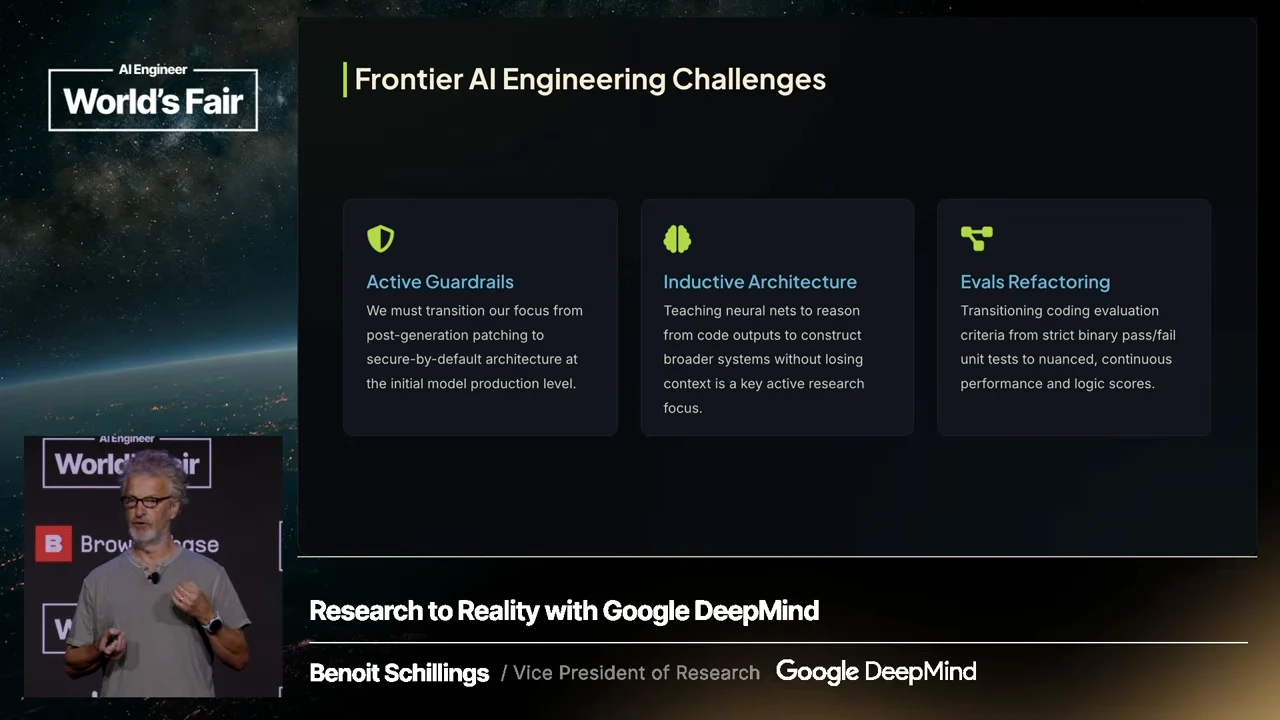 Three cards under “Frontier AI Engineering Challenges” describe active guardrails, inductive architecture, and evals refactoring.