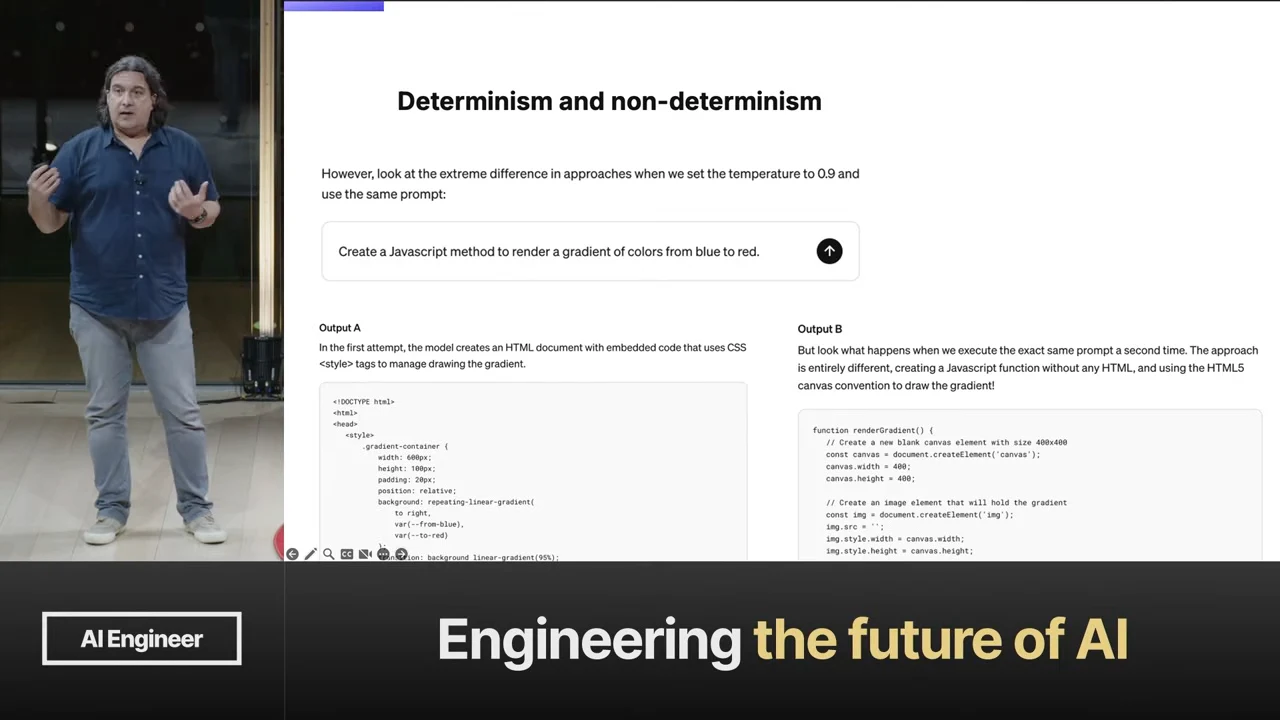 Determinism and non-determinism slide showing a gradient-generation prompt above Output A and Output B, with descriptions and code excerpts for CSS and JavaScript canvas approaches.