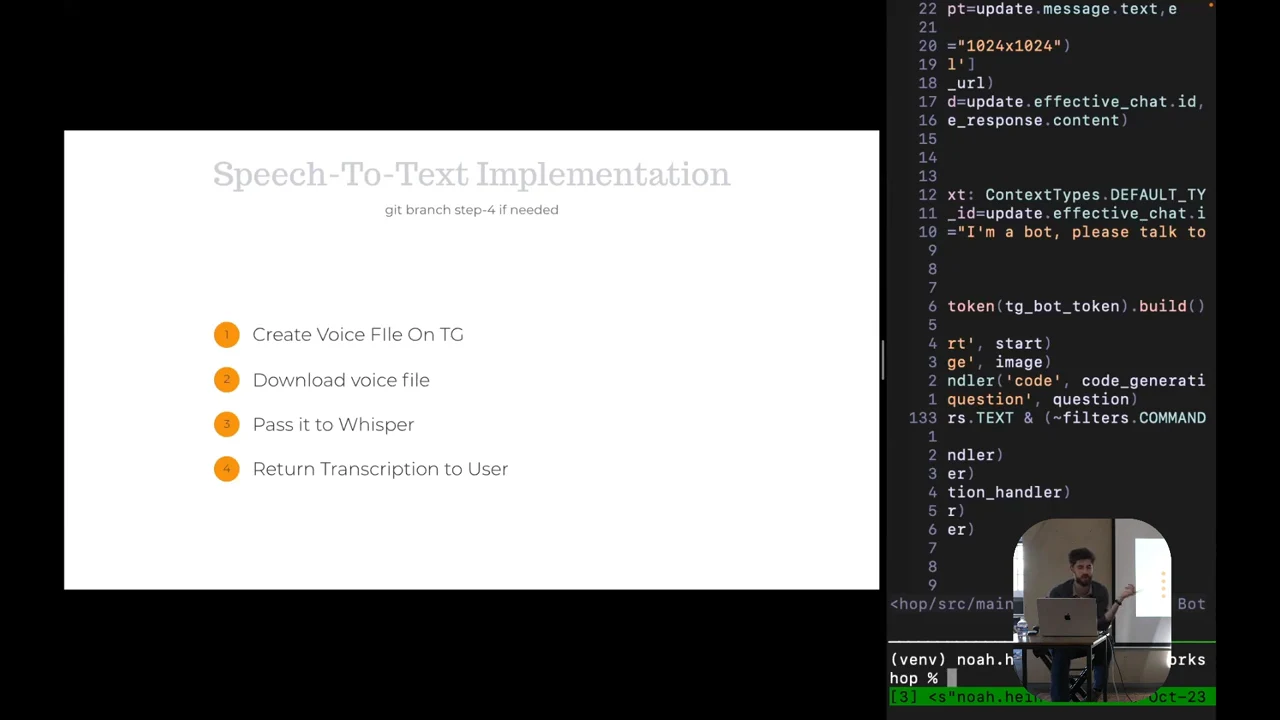 Speech-To-Text Implementation slide listing creation of a Telegram voice file, downloading it, passing it to Whisper, and returning the transcription.