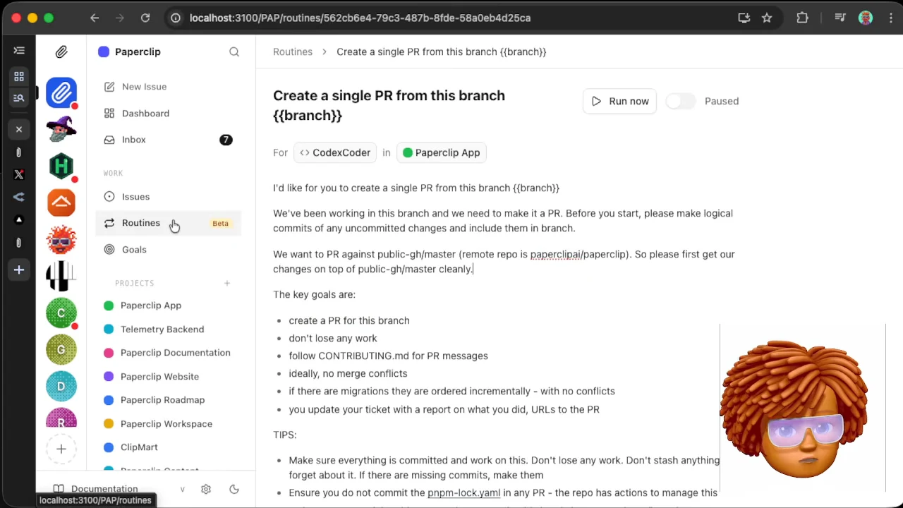 Routine titled Create a single PR from this branch {{branch}}, assigned to CodexCoder in Paperclip App, with Run now, Paused, and written goals visible.