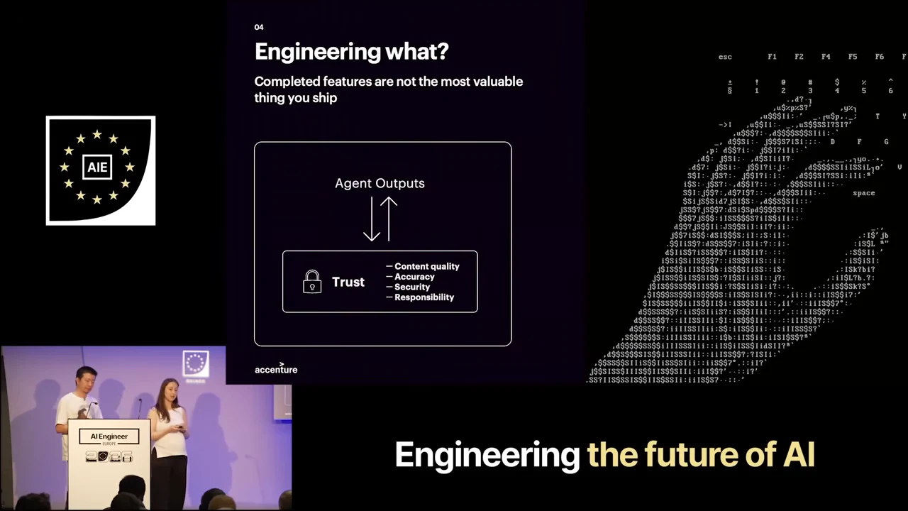 “Engineering what?” slide states that completed features are not the most valuable thing shipped. A diagram connects Agent Outputs and Trust with opposing arrows, beside text-art hands at a keyboard.