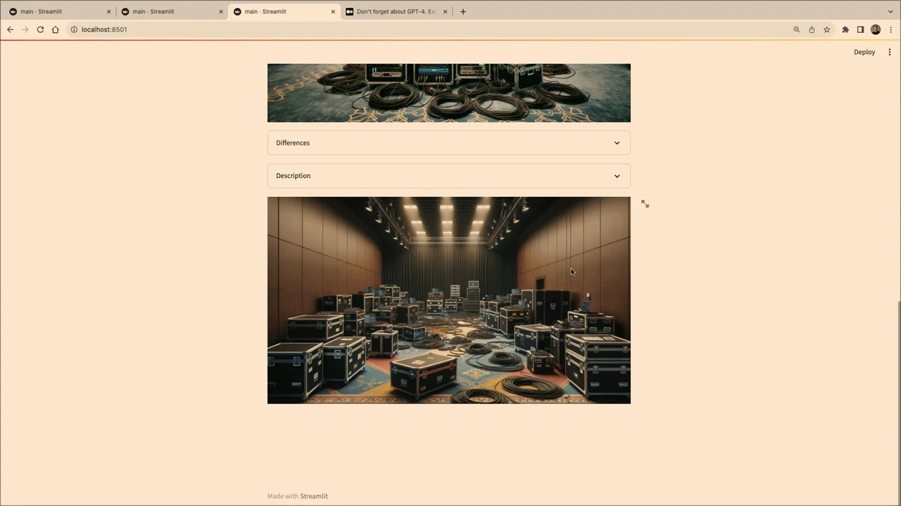 Browser demo displaying a generated equipment room with cases on patterned carpet, cables, overhead lights and a dark curtain at the back.