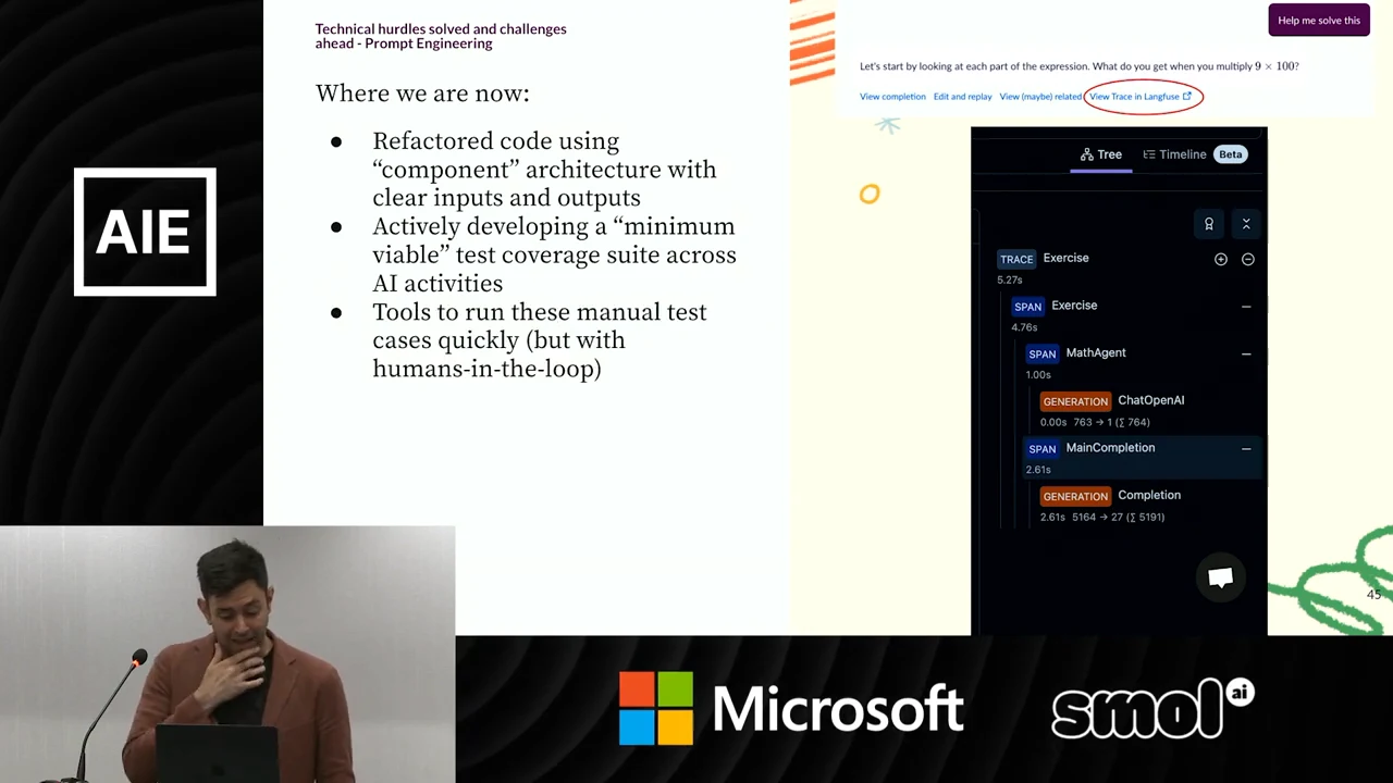 “Where we are now” slide lists clear component inputs and outputs, a minimum viable test suite across AI activities and tools for manual tests, beside a trace viewer screenshot.