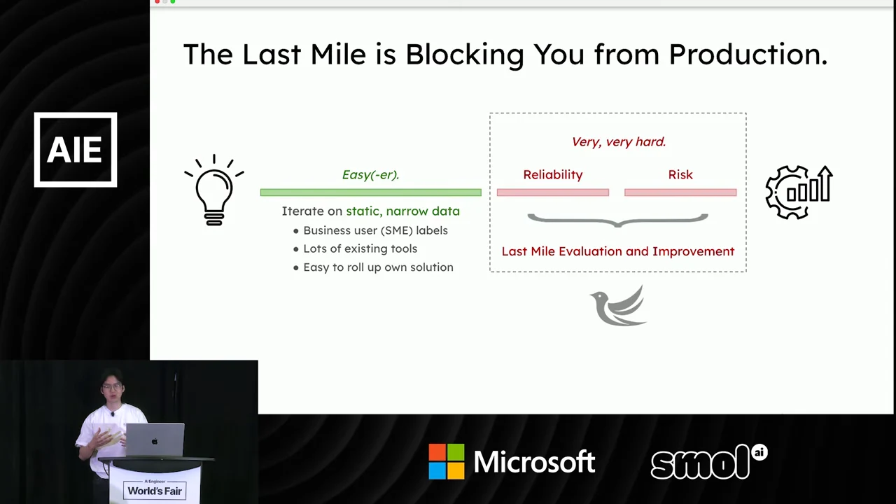 Slide titled “The Last Mile is Blocking You from Production,” contrasting iteration on static, narrow data with reliability, risk, and last-mile evaluation and improvement.