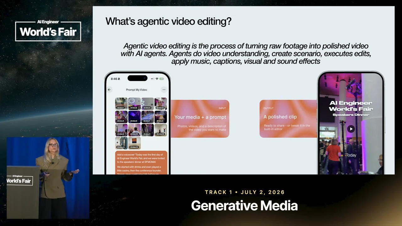 Slide titled “What’s agentic video editing?” with a media-selection phone screen, an input card, an output card, and a phone showing a conference video.