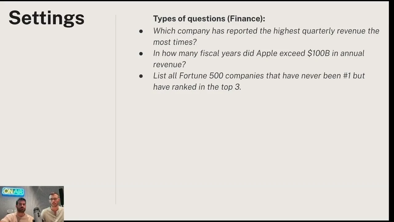 Settings slide with three financial questions about highest quarterly revenue, Apple fiscal years exceeding $100B in annual revenue, and Fortune 500 companies ranked in the top three but never first.