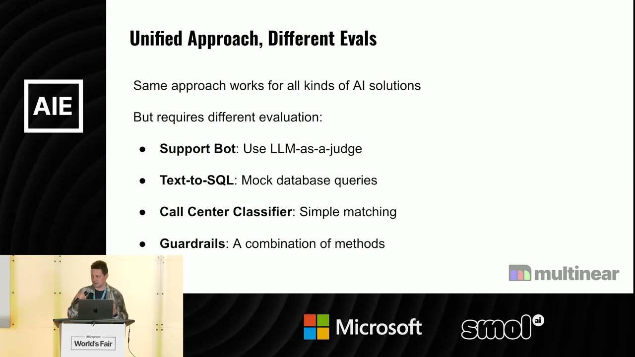 Slide pairs support bots with LLM-as-a-judge, text-to-SQL with mock database queries, call center classifiers with simple matching, and guardrails with a combination of methods.