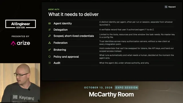 Agent-auth checklist with identity, delegation, scoped short-lived credentials, federation, brokering, policy and approval, and audit.