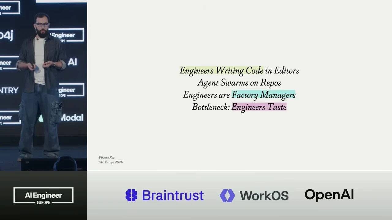Four lines read “Engineers Writing Code in Editors,” “Agent Swarms on Repos,” “Engineers are Factory Managers,” and “Bottleneck: Engineers Taste.”