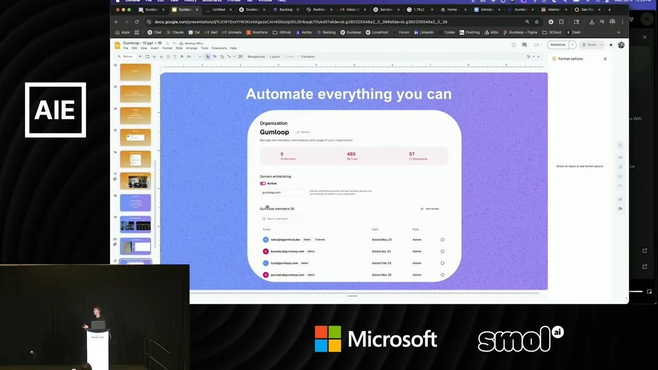 Purple slide titled “Automate everything you can” contains a Gumloop organization dashboard with summary counters and a member list.
