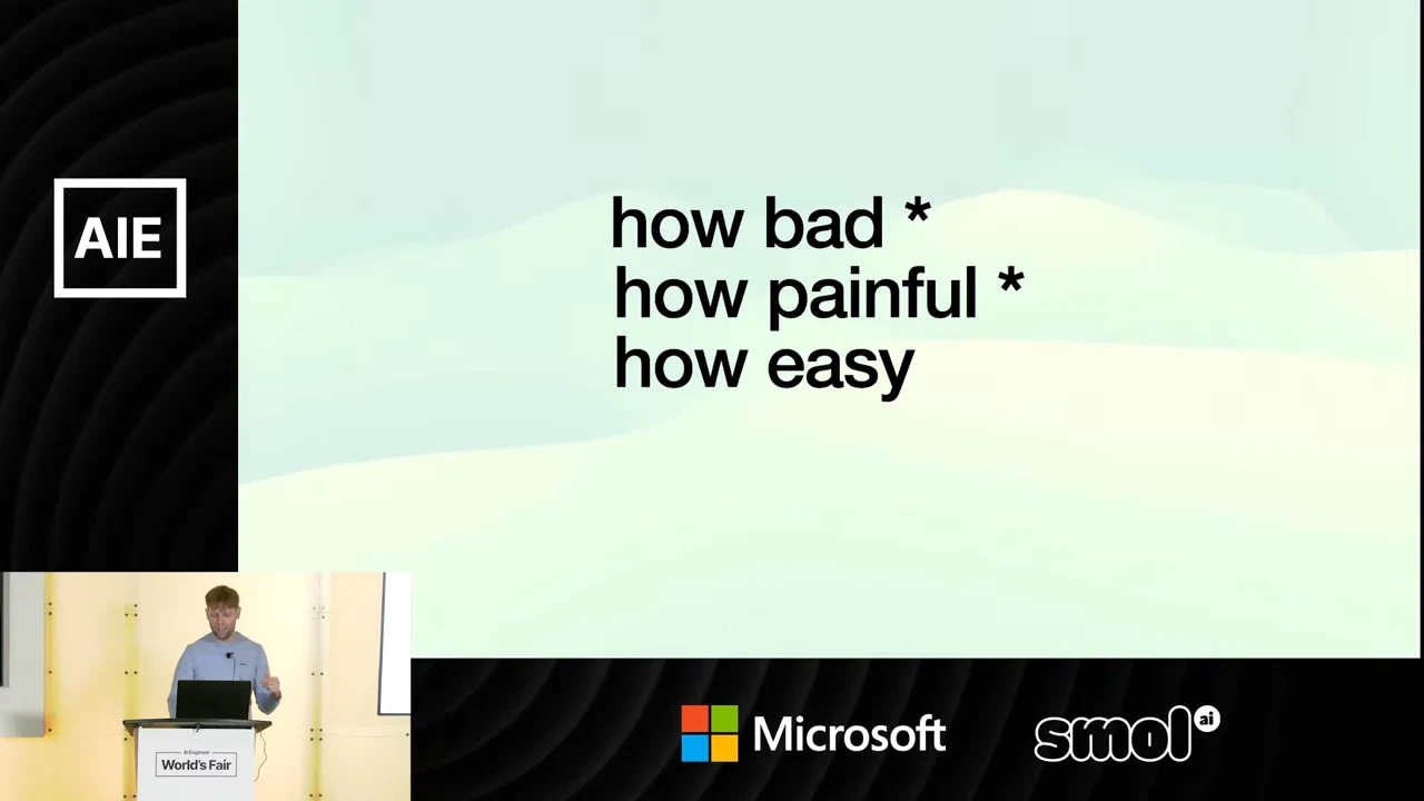Slide showing “how bad *” above “how painful *” above “how easy.”