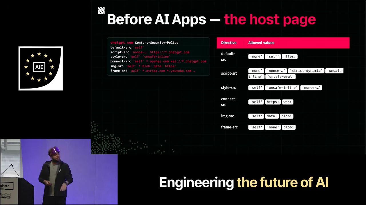 “Before AI Apps — the host page” slide with a Content Security Policy example and a table including script-src and frame-src.