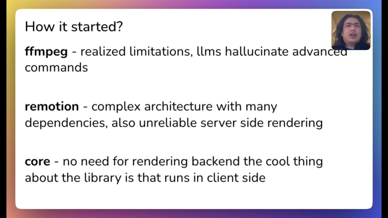 Slide titled “How it started?” lists FFmpeg command limitations, Remotion dependencies and server-side rendering, and Core’s client-side rendering.