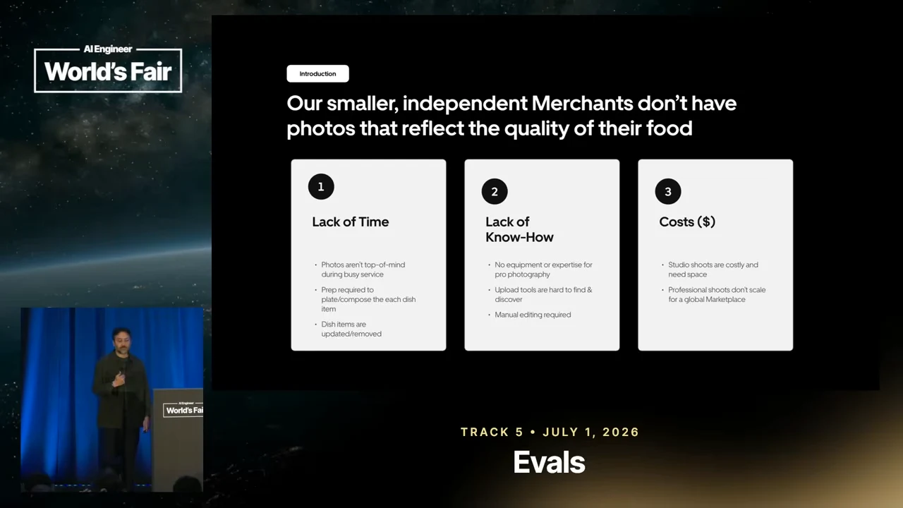 Slide with three cards labeled Lack of Time, Lack of Know-How, and Costs ($), beneath a heading about independent merchants’ food photos.