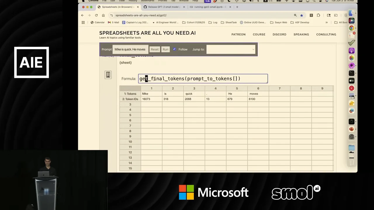 Browser notebook with a formula field above table rows labeled Tokens and Token IDs for “Mike is quick. He moves.”