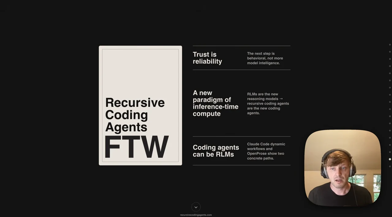 “Recursive Coding Agents FTW” panel beside three takeaways: trust is reliability, a new paradigm of inference-time compute, and coding agents can be RLMs.